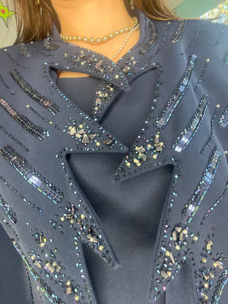 Vintage 90s Navy Beaded Abstract Sculptural Blazer Avant Garde Art Glam - L/XL