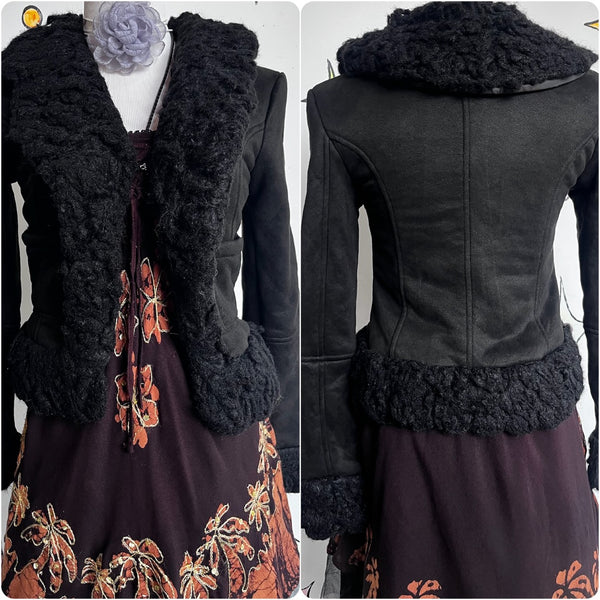 Y2K Black Faux Fur Trim Jacket Fairy Grunge Whimsy Goth Glam - XS