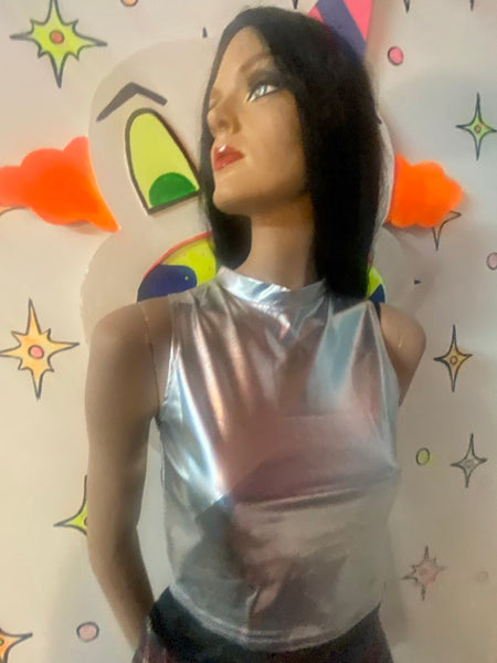 Silver Metallic Crop Top Cyber Grunge Galaxy Rave Tank Y2K Disco Future Glam L