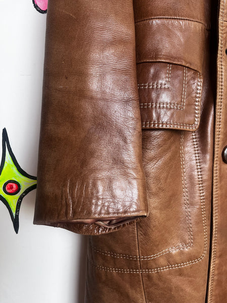 Vintage 70s Brown Leather Coat | Long Trench-Style Jacket | Worn-In Patina ML