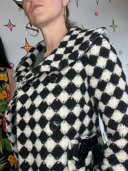 Y2K Black & White Vegan Fur Crop Coat Harlequin Clowncore Glam 60s Style - S