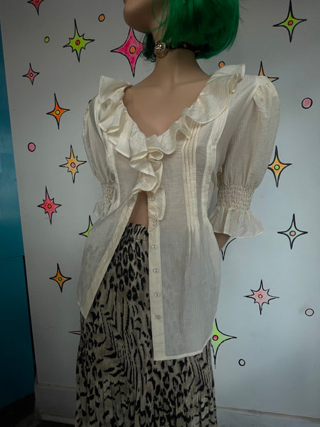 Ruffle Ivory Secretary Top Babydoll Romantic Edwardian Vintage Poet Blouse XL