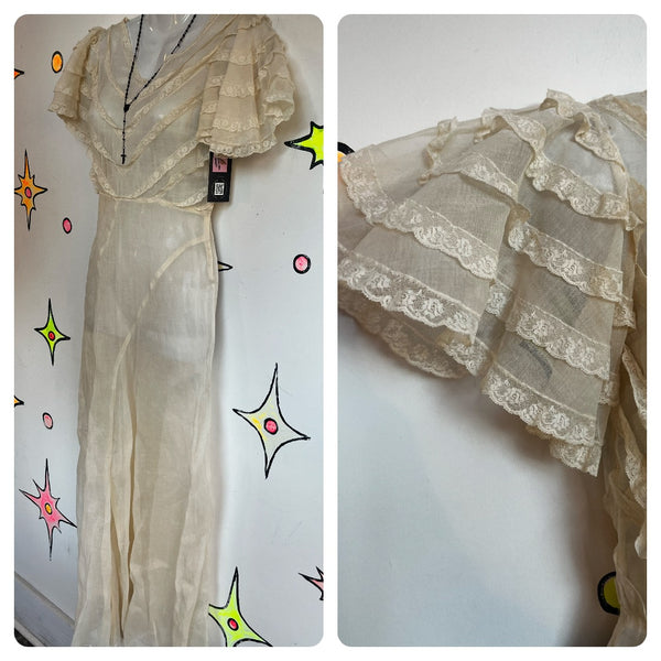 Antique 1900s | White Sheer Lace Rococo Art Deco Slip Boudoir Dress | XS