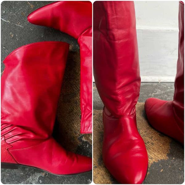 Vintage 80s Cherry Red Fold-Over Cuff Pirate Leather Boots | Rocker Glam | 6.5
