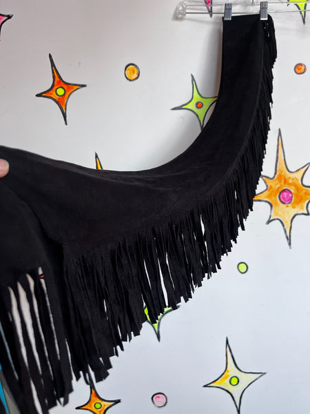 Vintage Sheer Black Fringe Shawl - Western Boho Grunge Witchy Goth Wrap Scarf