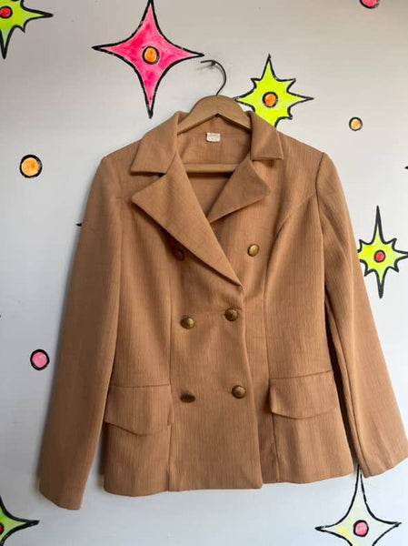 Vintage 70s Tan Polyester Blazer - Dagger Collar Retro Jacket - Size 8