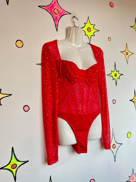 Red Devil Goth Teddy Bodysuit ' Sparkly Mesh Long Sleeve Vampire Lingerie