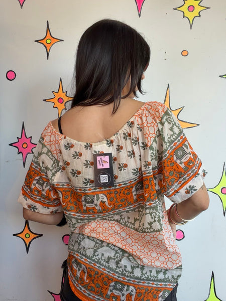 Sheer Elephant Print Cotton Boho Layering Top Earthy Fairy Resort Grunge | M