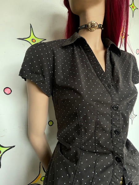 Vintage 90s Polka Dot Button Up Blouse Preppy Mall Goth Wardrobe Staple M