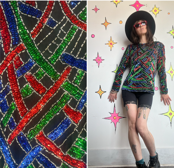 80s Rainbow Beaded Silk Top Art Deco Glam Disco Luxe Vegas Party Blouse S/M