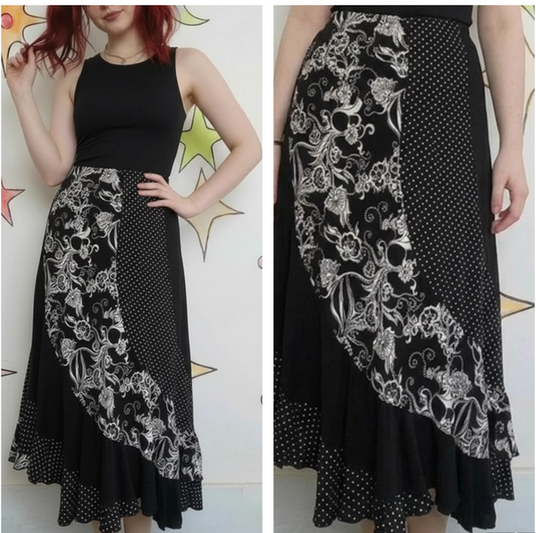 90s Black and White Polka Dot Scarf Print Ruffled Midi Skirt Whimsigoth Goth L