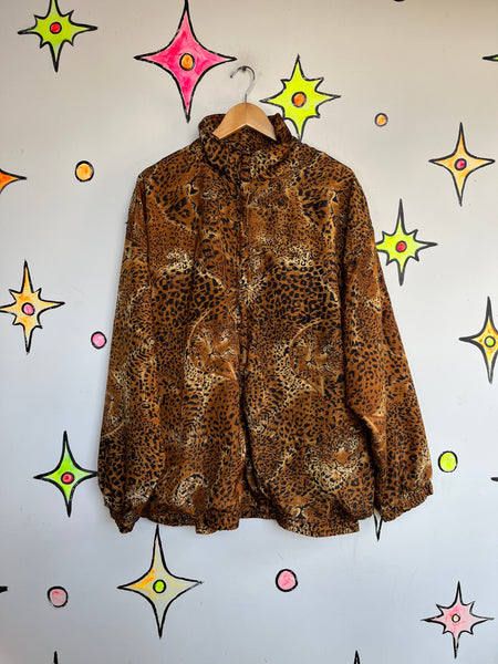 Vintage 80s 90s Leopard Print Mob Wife Windbreaker Bomber Jacket Oversized XL+