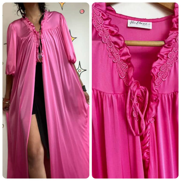 Vintage 60s 70s Babydoll Grunge Pink Nylon Nighty Robe w Bow
