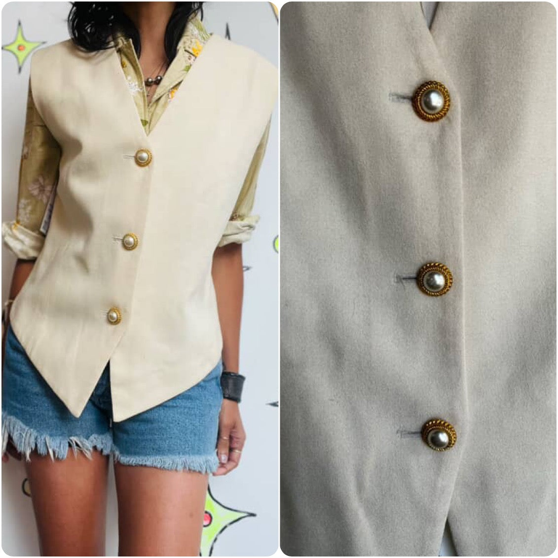 Off White Oversized Vest with Gold Buttons - Rococo Victorian Revival - Size M