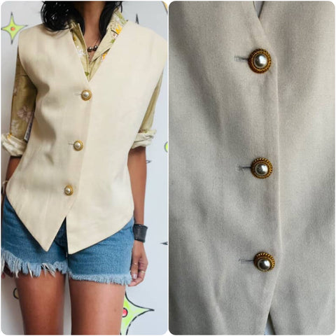 Off White Oversized Vest with Gold Buttons - Rococo Victorian Revival - Size M