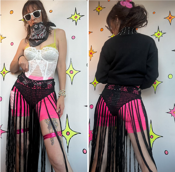 Black Crochet Fringe Shorts Y2K Festival Boho Rave Goth Maximalist Hot Pants S