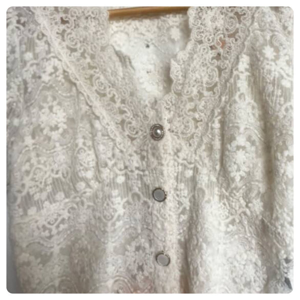 Vintage 90s | Off White Sheer Lace Rococo Babydoll Steampunk Crop Top Blouse | S