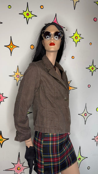 Brown Cropped Blazer Y2K Fairy Academia Embroidered Linen Feel - Preppy Glam M
