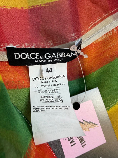 Archival 2002 Dolce & Gabbana Silk Rainbow Stripe Bow Blouse Circus Clowncore ML