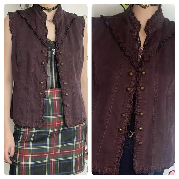 Brown Ruffled Denim Military Vest Y2K Boho Utility Grunge Layering Top - 16