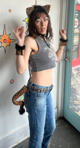 Plush Leopard Cat Costume Set Headband Collar Tail Cuffs Cosplay