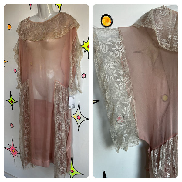 Antique 1900s 20s 30s Pink Fairy Grunge Silk Lace Victorian Babydoll Slip Gown