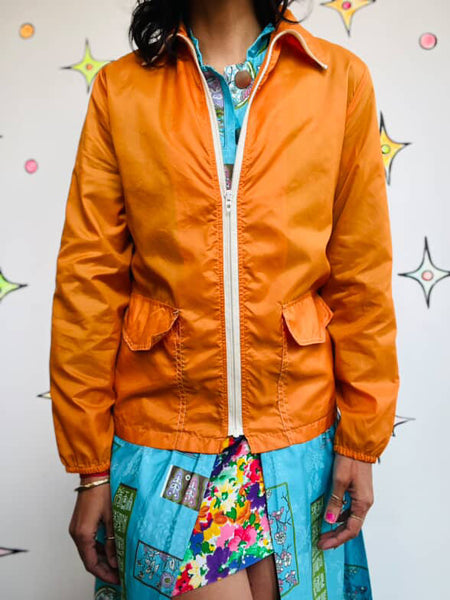 Vintage 60s 70s Groovy MOD Grunge Orange Retro Sporty Nylon Windbreaker Jacket S