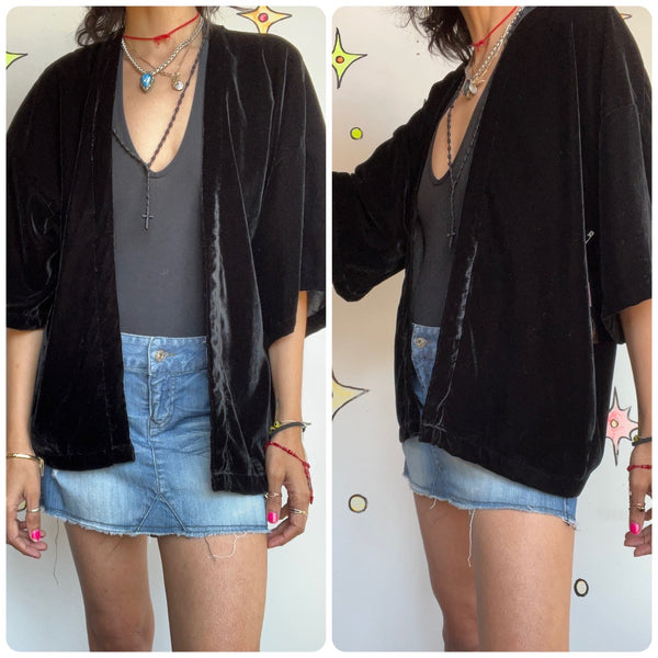 Vintage Black Velvet Kimono Jacket Top Duster Bolero Classic Timeless Goth Boho