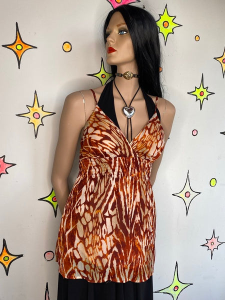 Vintage Y2K Orange Animal Print Cami | Fairy Grunge Boho Babydoll Top – L