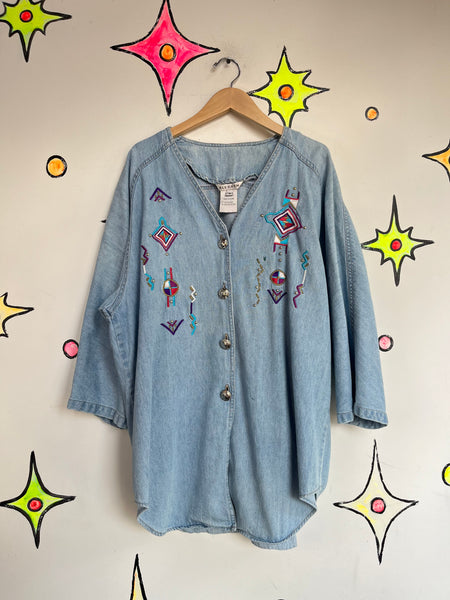 Vintage 80s 90s Light Wash Denim Western Embellished Top ' Boho Grunge Size M