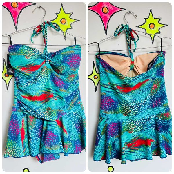 Vintage 90s Y2K Swim Dress – Blue Abstract Rainbow Snake Print One-Piece – 12