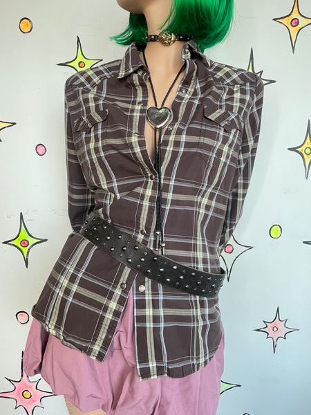 Western Pearl Snap Brown Plaid Shirt Grunge Fitted Button Up Top L