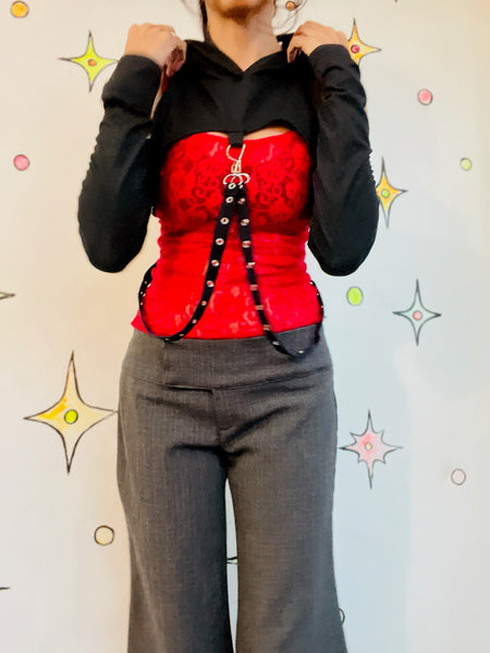 Y2K Black Goth Vixen Vamp Punk Metal Bondage Harness Crop Top Hoodie M