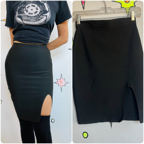 Vintage Y2K Black Mini Skirt Bodycon A-Line Clubwear w Slit Stretchy Sexy Goth S