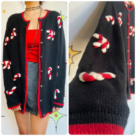 Vintage Black Christmas Sweater | Candy Cane Ugly Tacky Xmas Party Cardigan – L