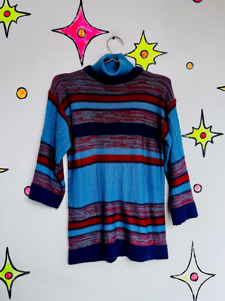 Vintage 70s Blue Turtleneck Striped Pullover Sweater Chunky Grunge Boho Retro S
