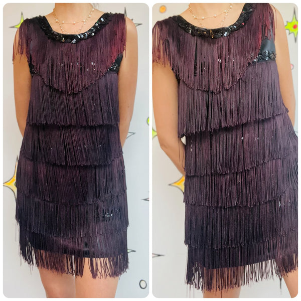 Vintage Black Fringe Flapper GoGo Western Mini Party Dress 60s Mod Style, Size S