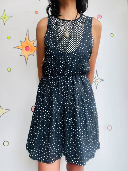 Vintage 80s Black & White Polka Dot Romper Mini Dress / Skort Whimsy Goth Small
