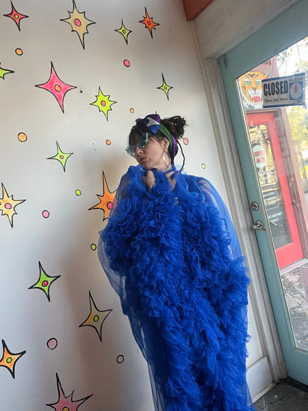 Old Hollywood Decadent Blue Chiffon Ruffle Robe – Sheer Lingerie Boudoir Glam