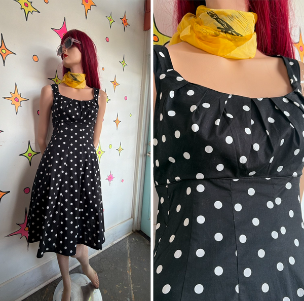 80s 90s Black & White Polka Dot Dress Retro 50s Rockabilly Pin Up Preppy Goth 8