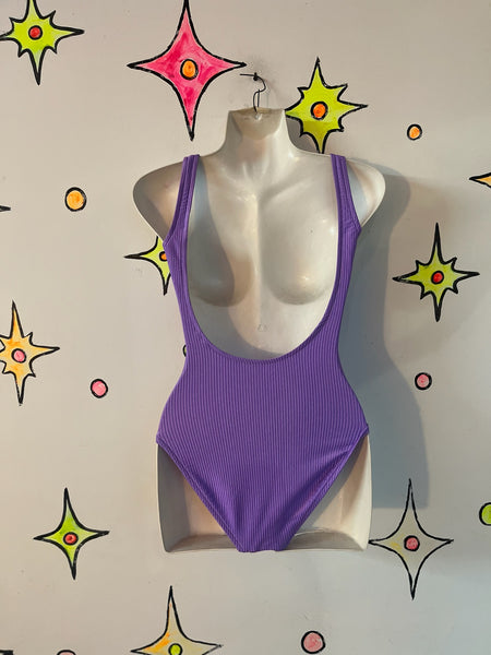 80s 90s Pastel Purple Swimsuit Ribbed One Piece Vintage Retro Swim or Bodysuit S