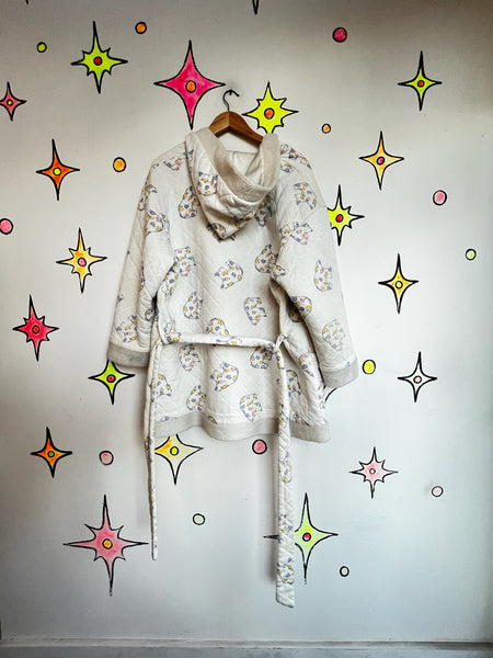 Vintage 80s Pastel QuiltedLounge Babydoll Nighty Robe Hooded Cozy Housecoat ML