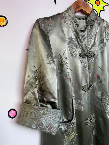 Jade Green Silk Robe Geisha Kimono | Vintage Lounge Boudoir Robe Size S - M