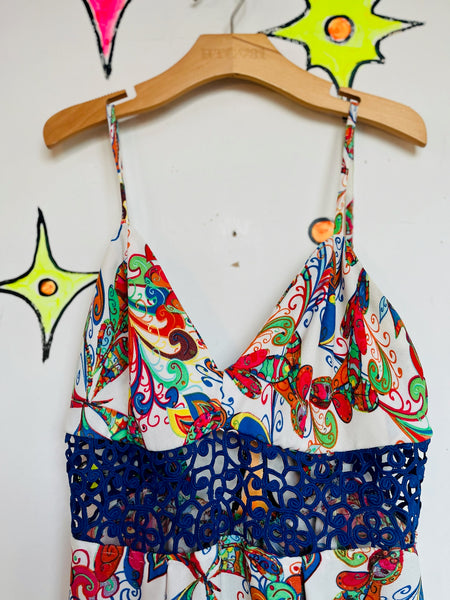 Retro 90s does 70s Rainbow Psychedelic Groovy Floral Maxi Dress S/M