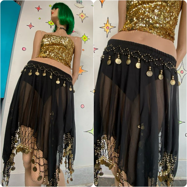 Black and Gold Asymmetrical Chainmail Skirt Coin Sheer Belly Dance S