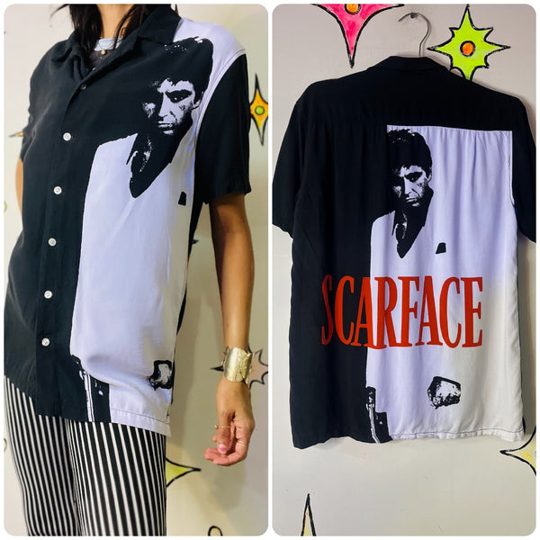 Scarface Tony Montana Graphic Button-Up Black & White Cult Film Shirt | Men’s S
