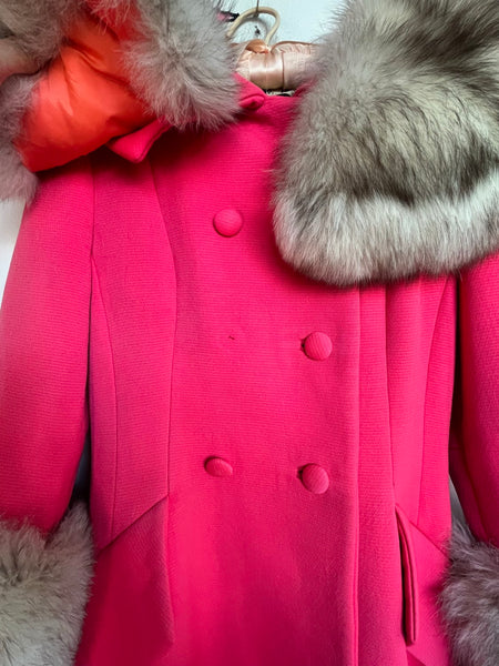 Vintage 60s Lilli Ann Pink Fur Trim Old Hollywood Glam Princess Swing Coat S