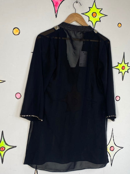 Y2K Sheer Black Rhinestone Top Witchy Boho Y2K Glam Tunic - Medium
