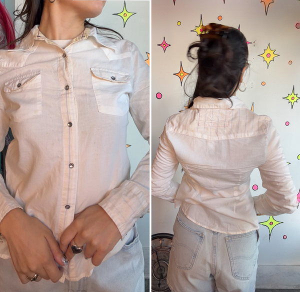 Y2K White Western Pearl Snap Shirt | Rhinestone Cowboy Boho Cowgirl Top Small