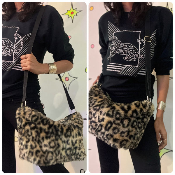 Vintage | Fuzzy Leopard Print Faux Fur Crossbody Bag Handbag Purse